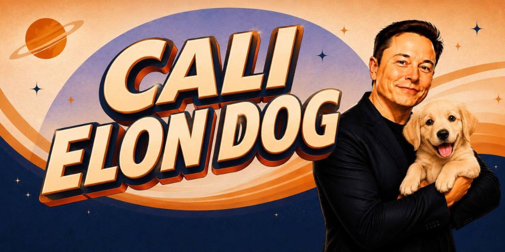 CALI ELON DOG logo — Elon Musk holding a golden retriever puppy